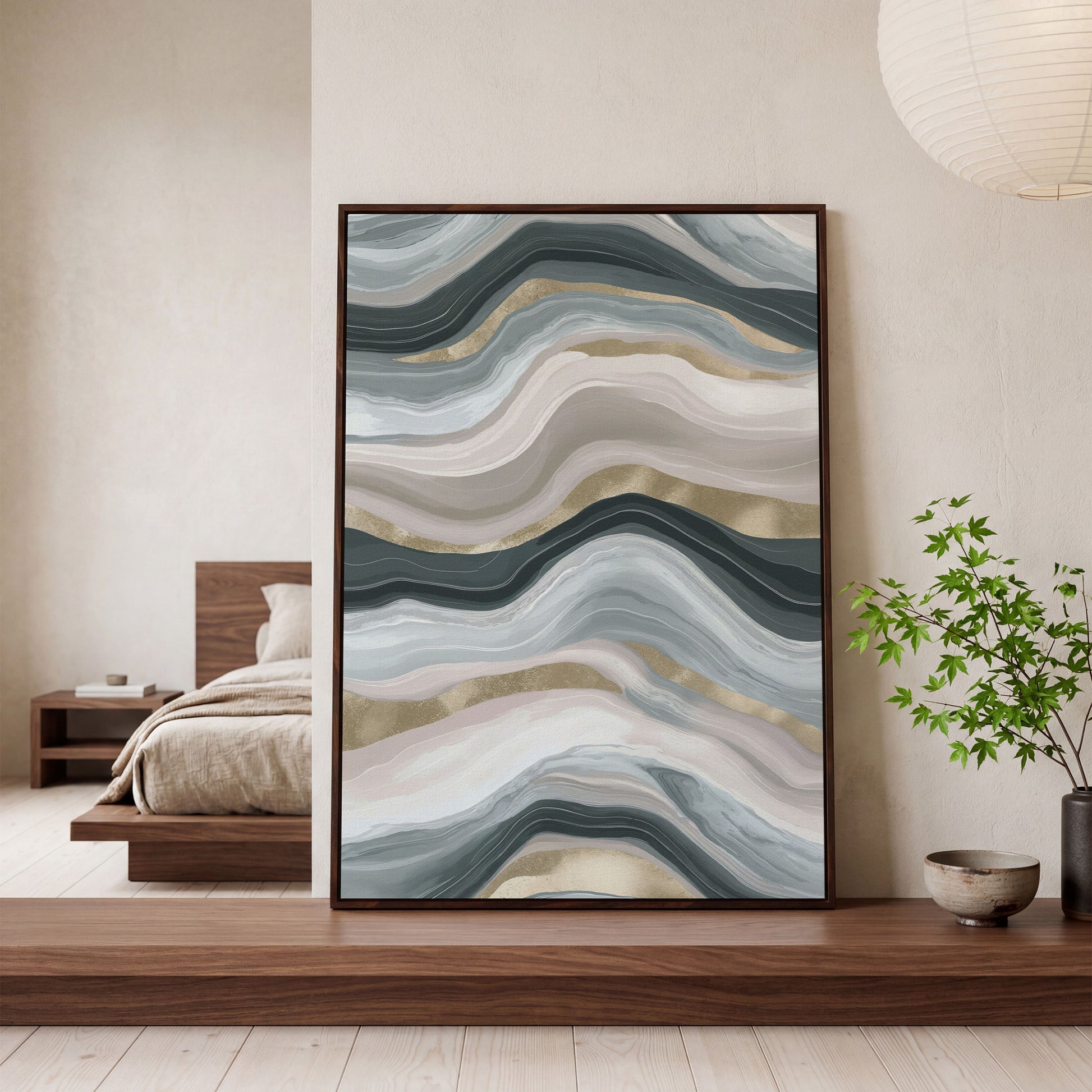 Abstract Wavy Lines Canvas Wall Art, Portrait Print in dark walnut floating frame