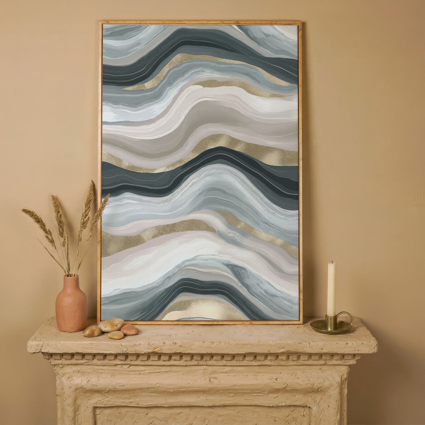 Abstract Wavy Lines Canvas Wall Art, Portrait Print in white oak floating frame
