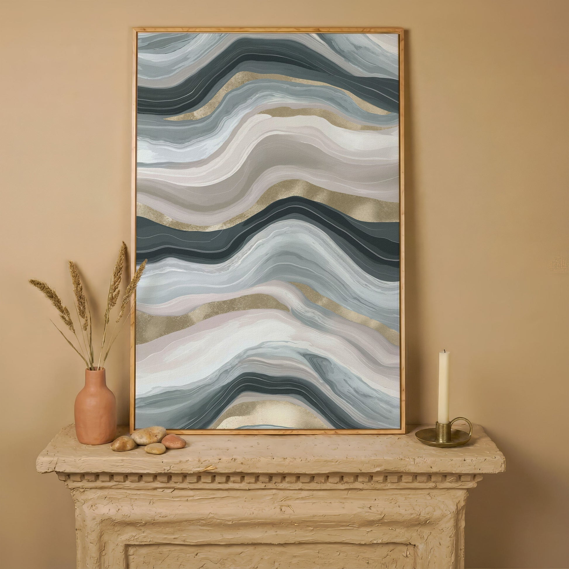 Abstract Wavy Lines Canvas Wall Art, Portrait Print in white oak floating frame