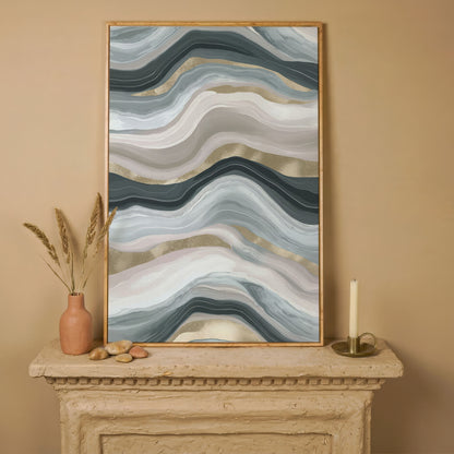 Abstract Wavy Lines Canvas Wall Art, Portrait Print in white oak floating frame