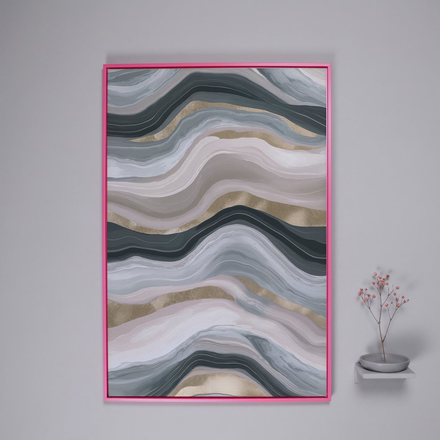 Abstract Wavy Lines Canvas Wall Art, Portrait Print in pink floating frame