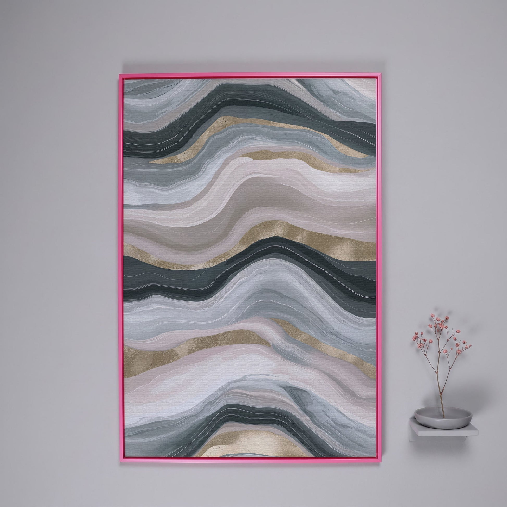 Abstract Wavy Lines Canvas Wall Art, Portrait Print in pink floating frame