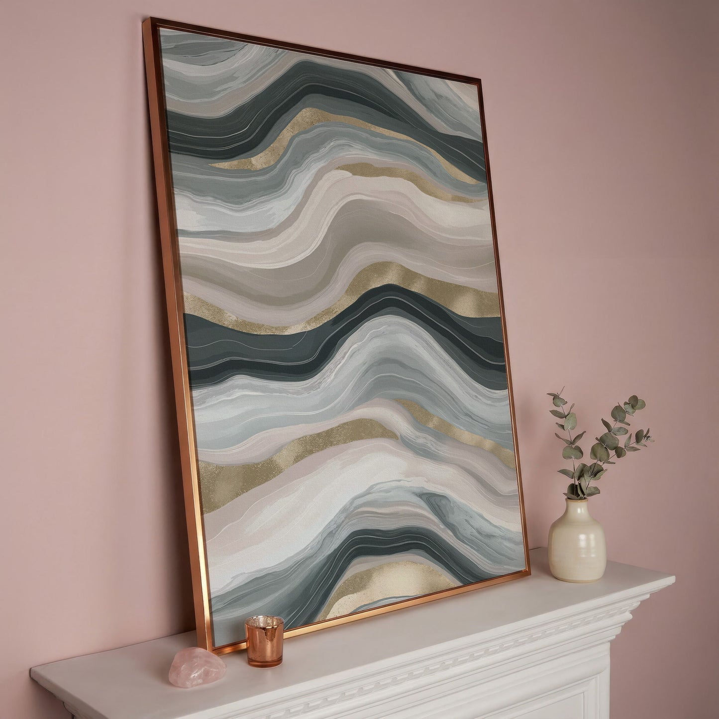 Abstract Wavy Lines Canvas Wall Art, Portrait Print in rose gold floating frame