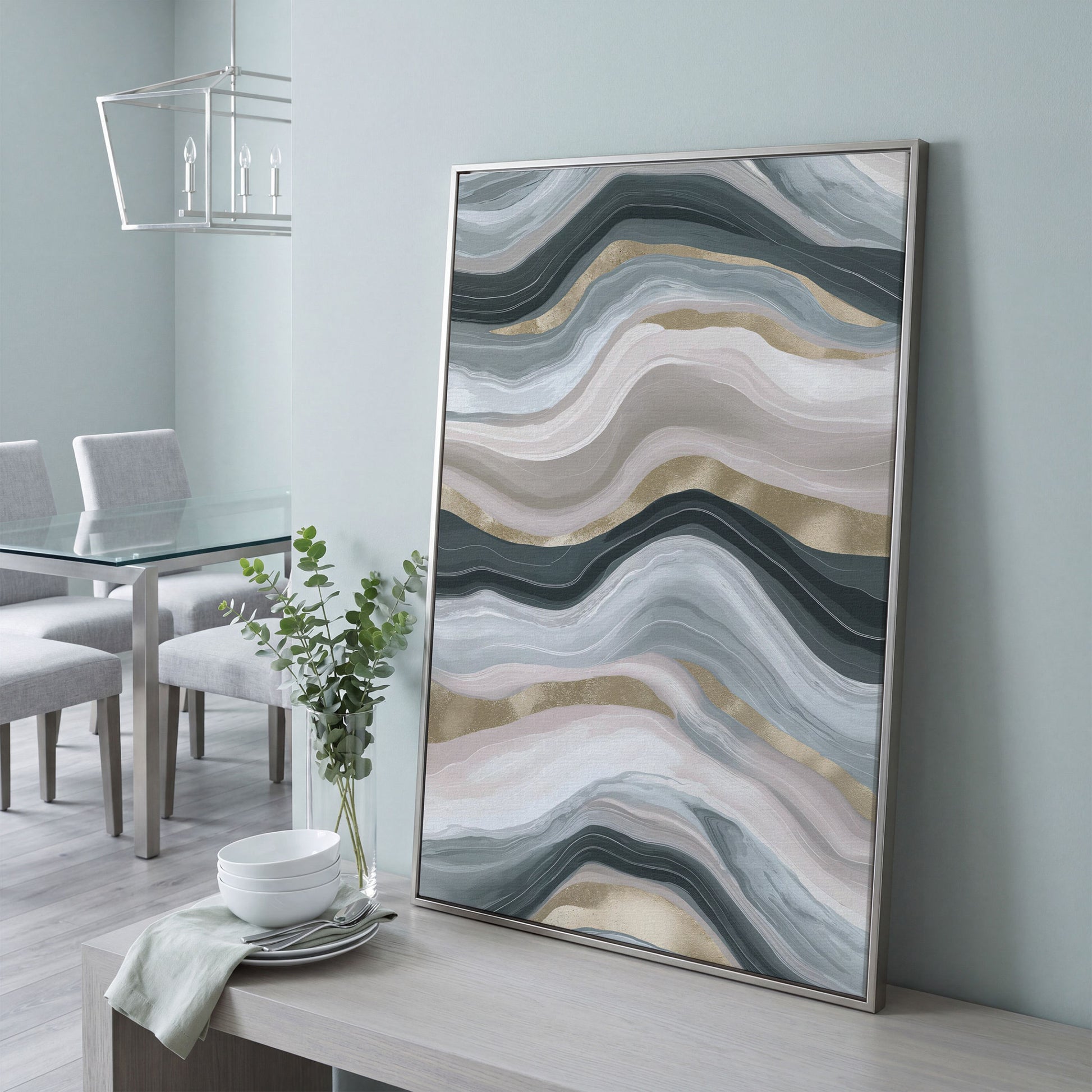 Abstract Wavy Lines Canvas Wall Art, Portrait Print in silver floating frame