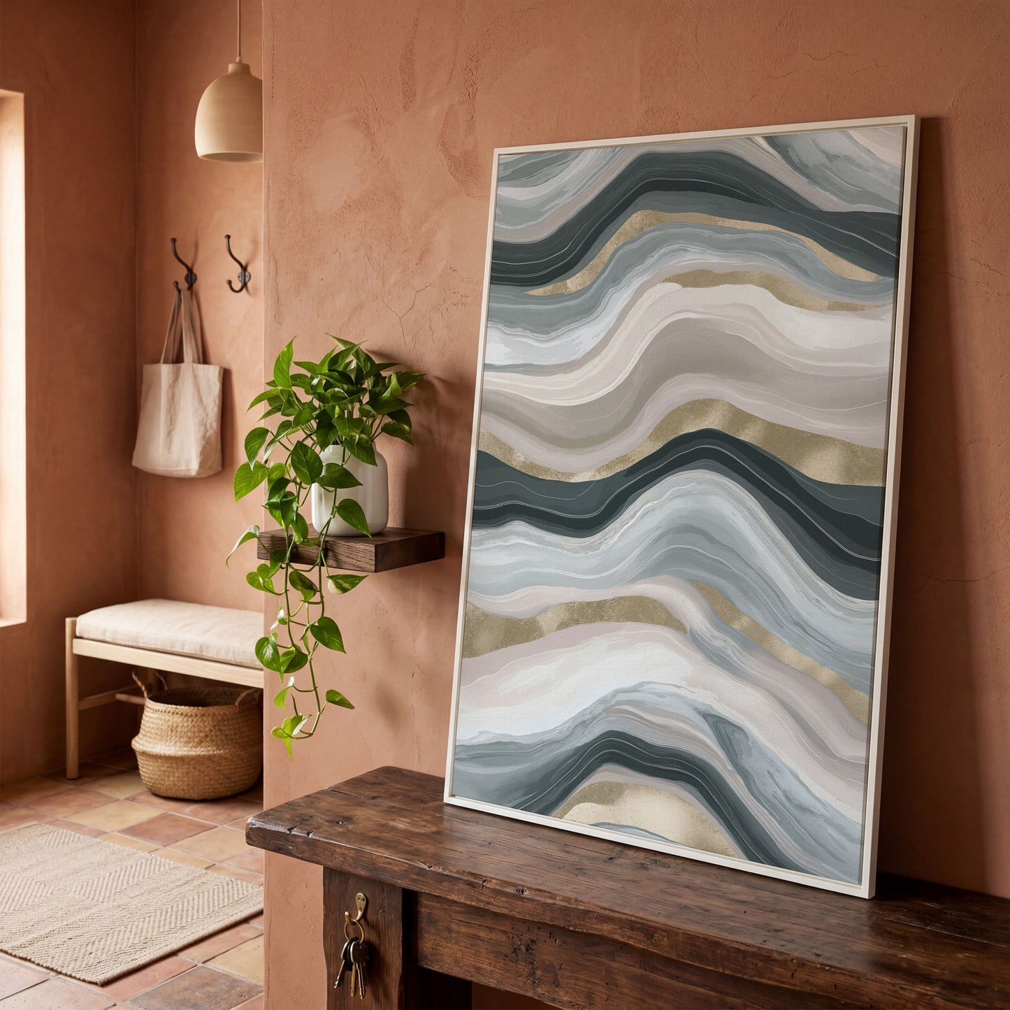 Abstract Wavy Lines Canvas Wall Art, Portrait Print in white floating frame