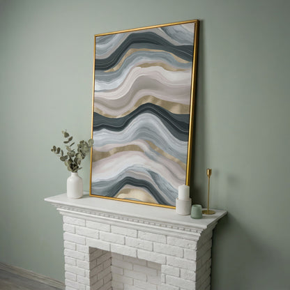 Abstract Wavy Lines Canvas Wall Art, Portrait Print in yellow gold floating frame