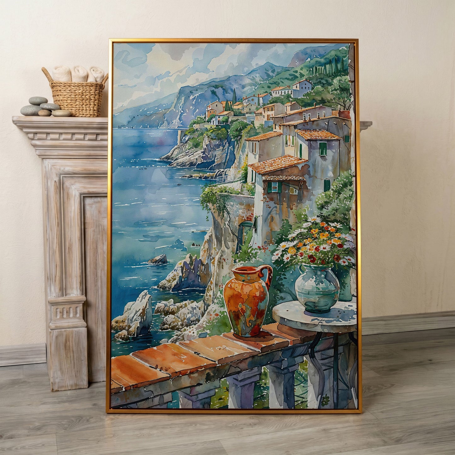 Mediterranean Balcony with Coastal View Canvas in antique gold floating frame