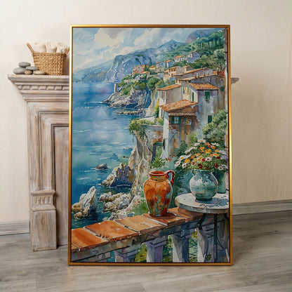 Mediterranean Balcony with Coastal View Canvas in antique gold floating frame