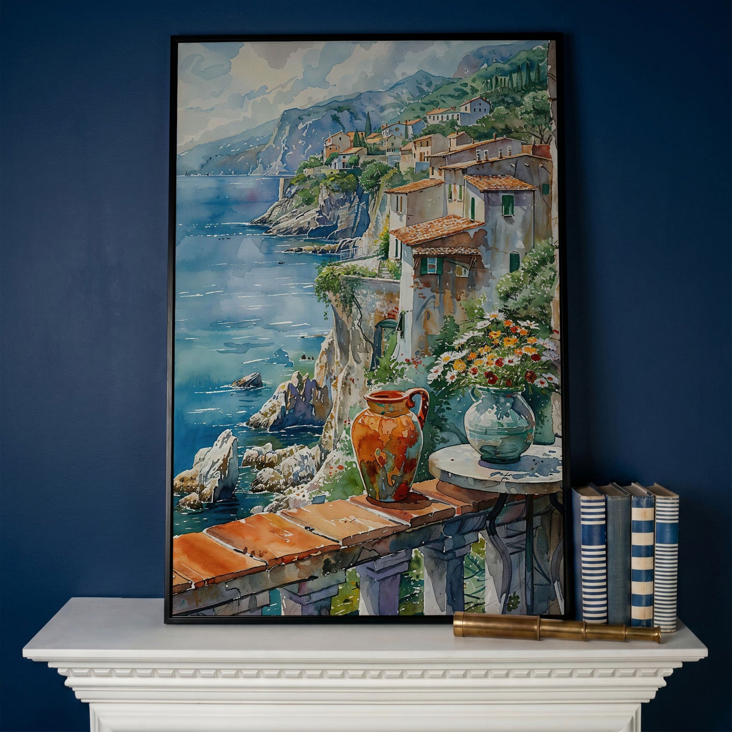 Mediterranean Balcony with Coastal View Canvas in black floating frame