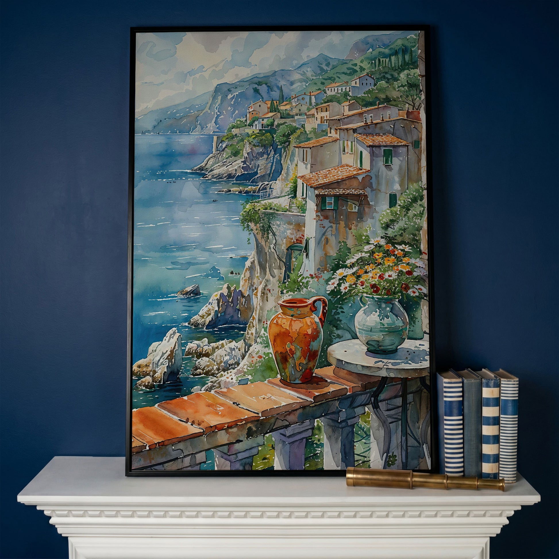 Mediterranean Balcony with Coastal View Canvas in black floating frame