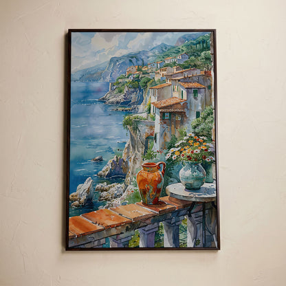 Mediterranean Balcony with Coastal View Canvas in dark walnut floating frame