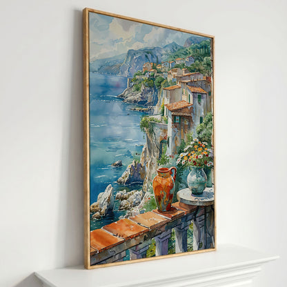 Mediterranean Balcony with Coastal View Canvas in white oak floating frame