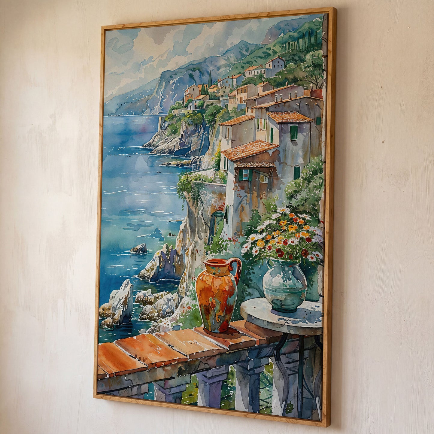 Mediterranean Balcony with Coastal View Canvas shown in white oak floating frame