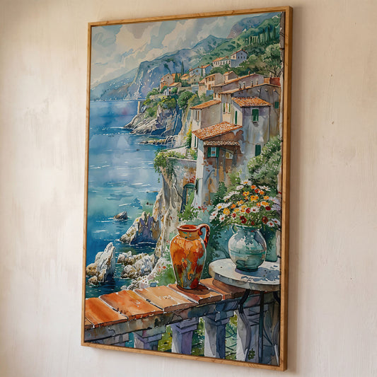 Mediterranean Balcony with Coastal View Canvas shown in white oak floating frame