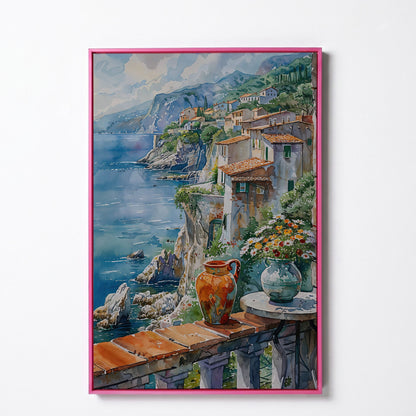 Mediterranean Balcony with Coastal View Canvas in pink floating frame