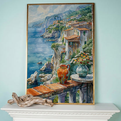 Mediterranean Balcony with Coastal View Canvas in rose gold floating frame