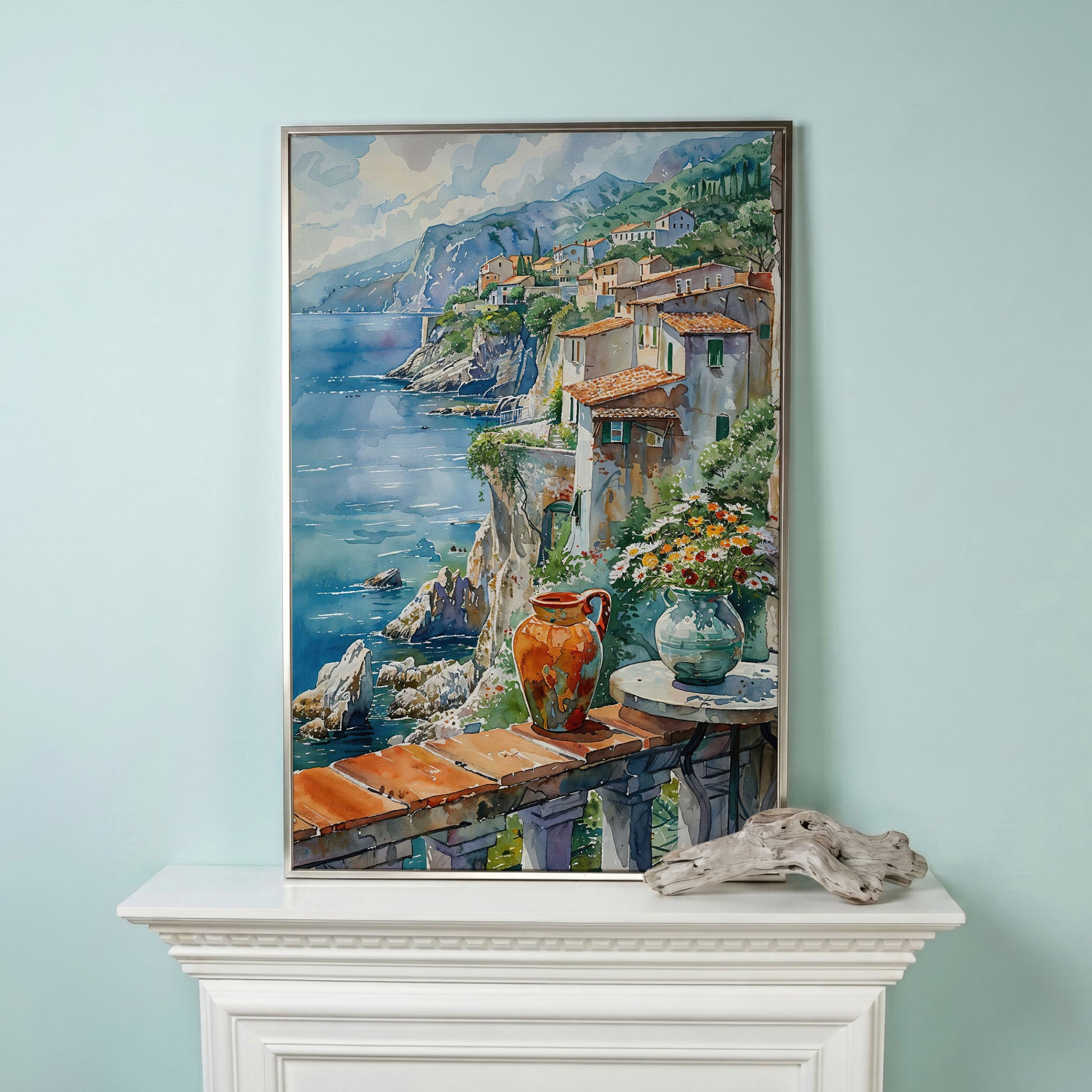 Mediterranean Balcony with Coastal View Canvas in silver floating frame