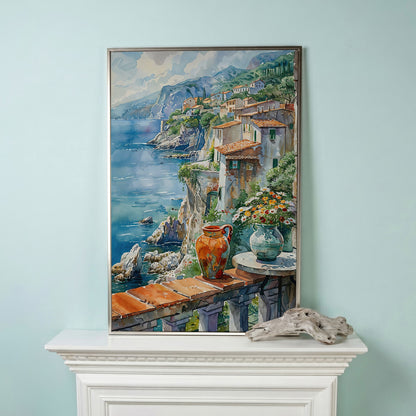 Mediterranean Balcony with Coastal View Canvas in silver floating frame
