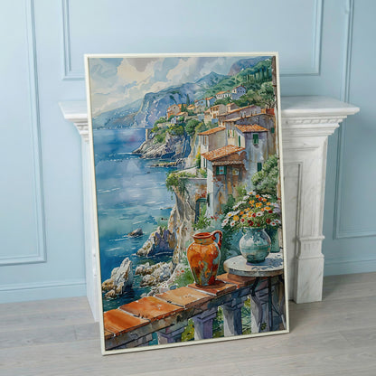 Mediterranean Balcony with Coastal View Canvas in white floating frame