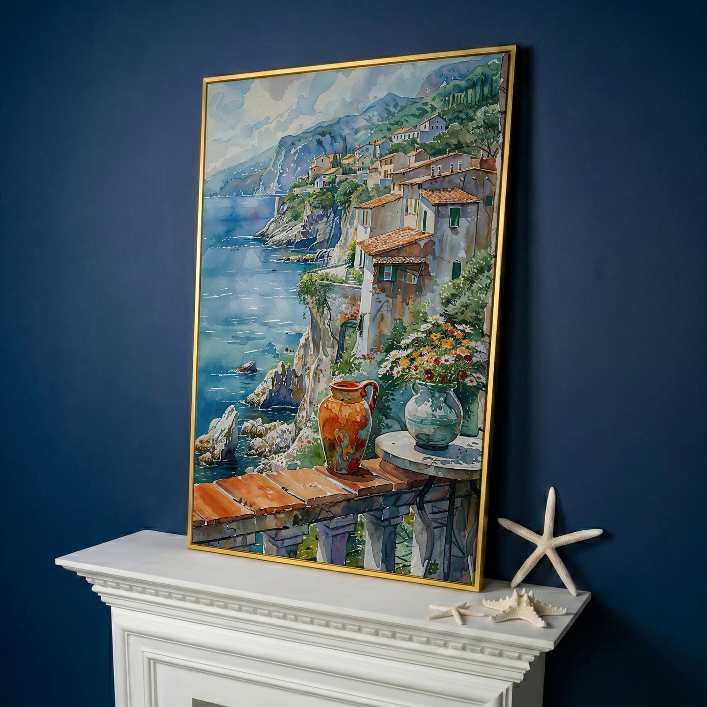 Mediterranean Balcony with Coastal View Canvas in yellow gold floating frame