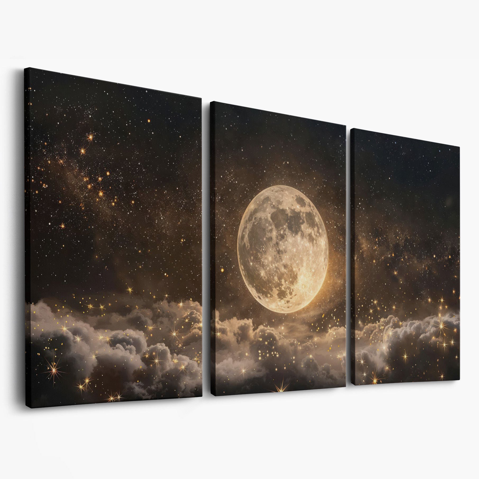 Full Moon in Starry Night Sky Canvas as 3-panel split version