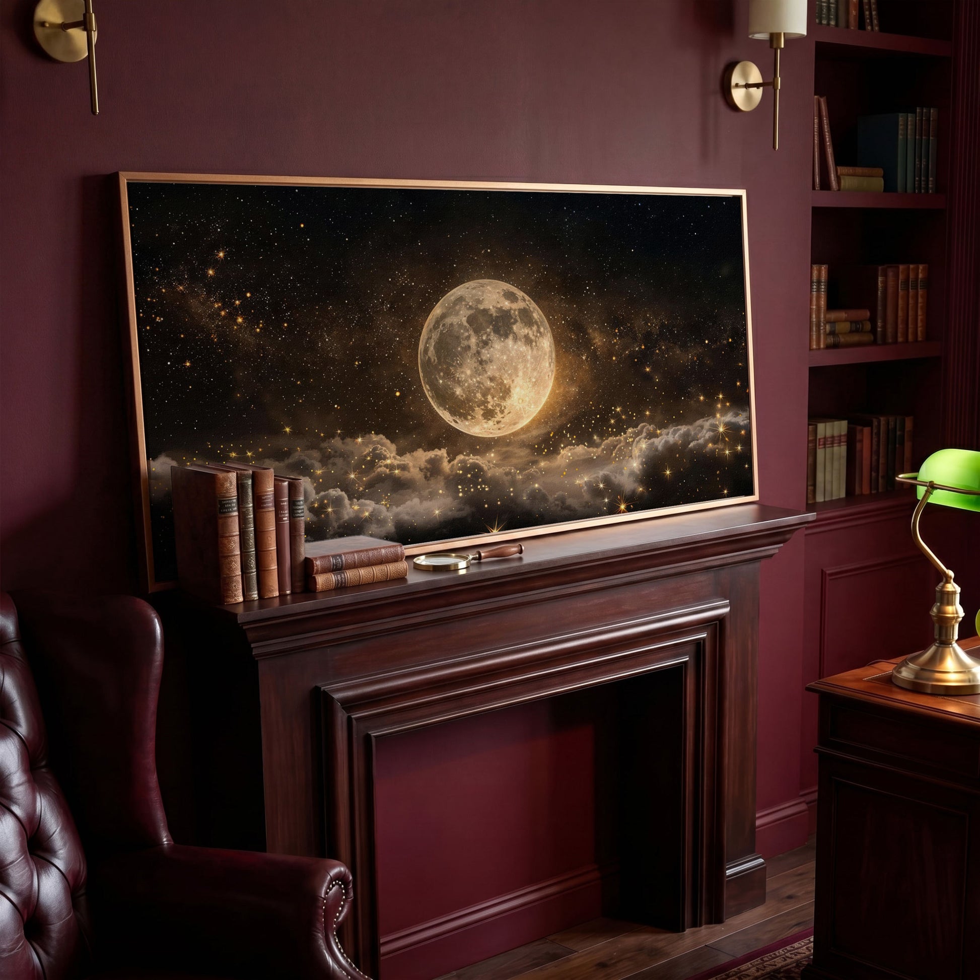Full Moon in Starry Night Sky Canvas in antique gold floating frame