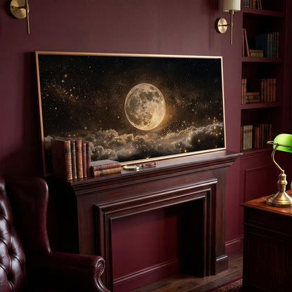 Full Moon in Starry Night Sky Canvas in antique gold floating frame
