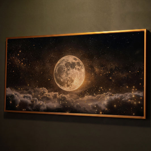 Full Moon in Starry Night Sky Canvas shown in antique gold floating frame