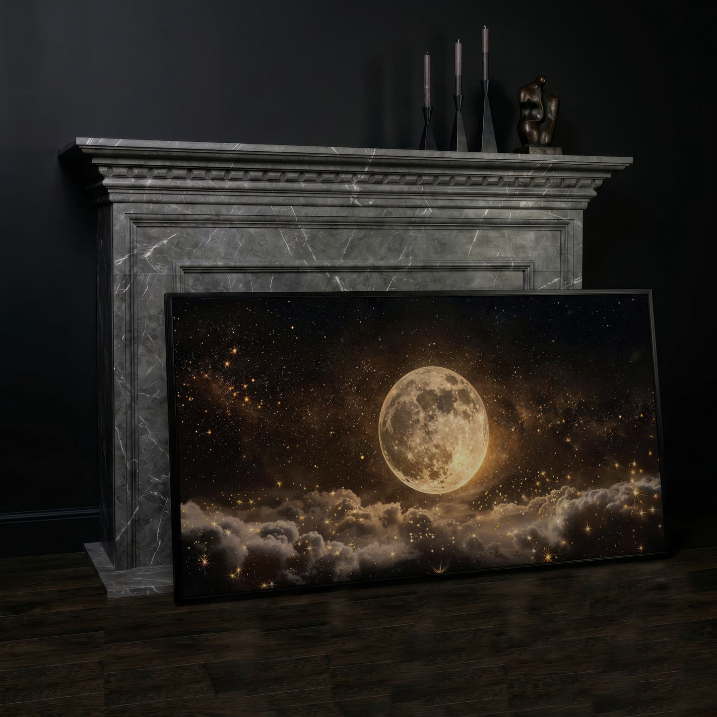 Full Moon in Starry Night Sky Canvas in black floating frame