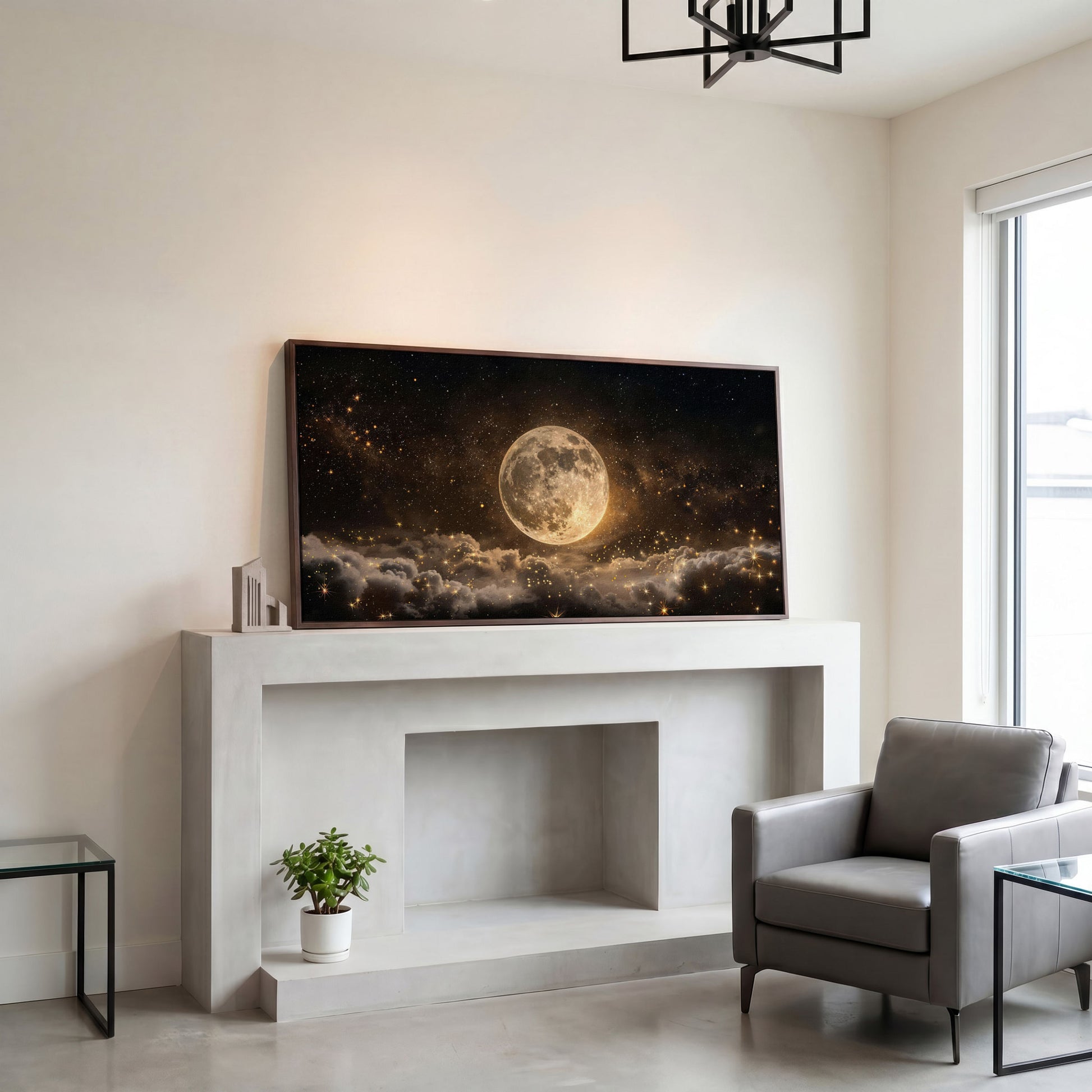 Full Moon in Starry Night Sky Canvas in dark walnut floating frame