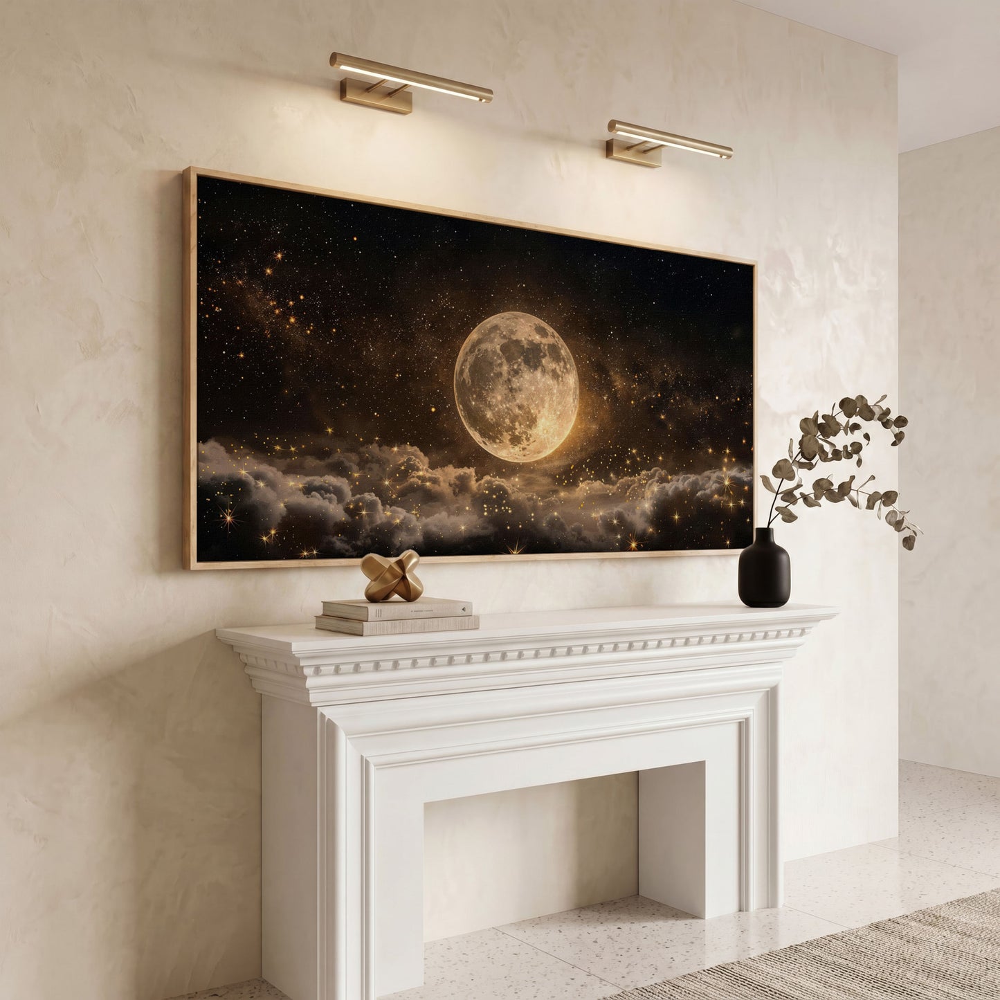 Full Moon in Starry Night Sky Canvas in white oak floating frame