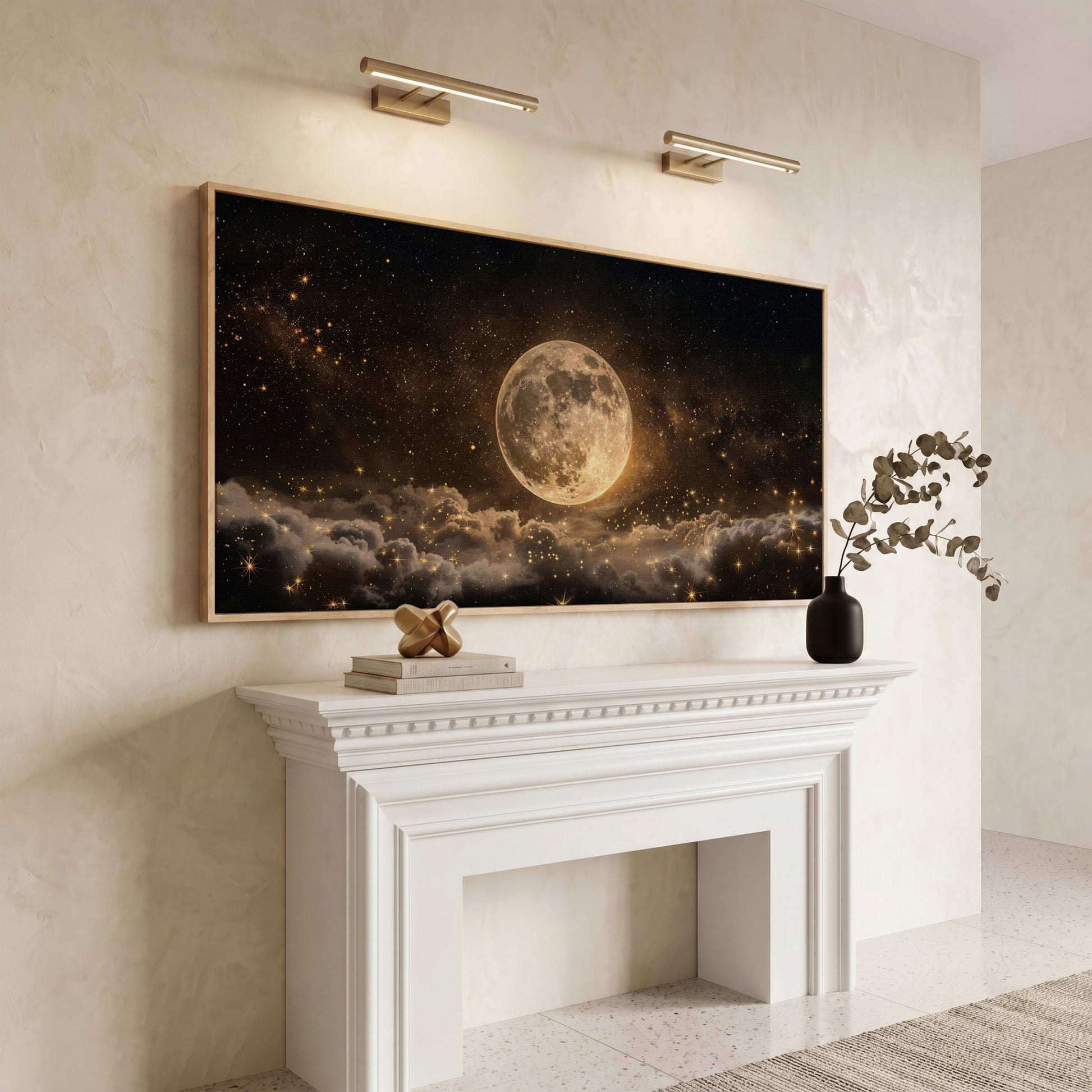 Full Moon in Starry Night Sky Canvas in white oak floating frame