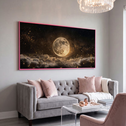 Full Moon in Starry Night Sky Canvas in pink floating frame