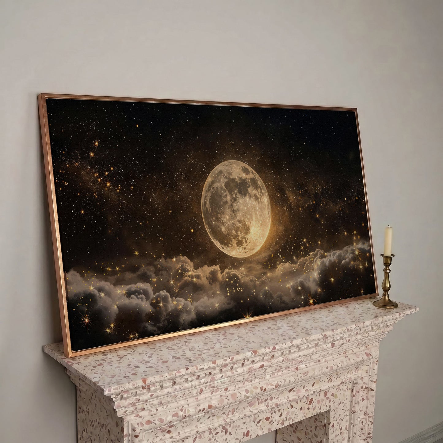 Full Moon in Starry Night Sky Canvas in rose gold floating frame