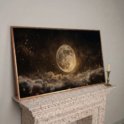 Full Moon in Starry Night Sky Canvas in rose gold floating frame