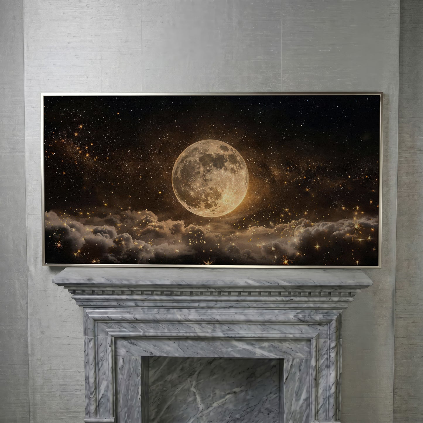 Full Moon in Starry Night Sky Canvas in silver floating frame