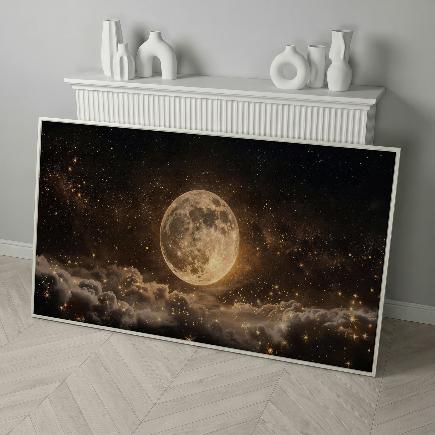 Full Moon in Starry Night Sky Canvas in white floating frame