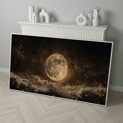 Full Moon in Starry Night Sky Canvas in white floating frame