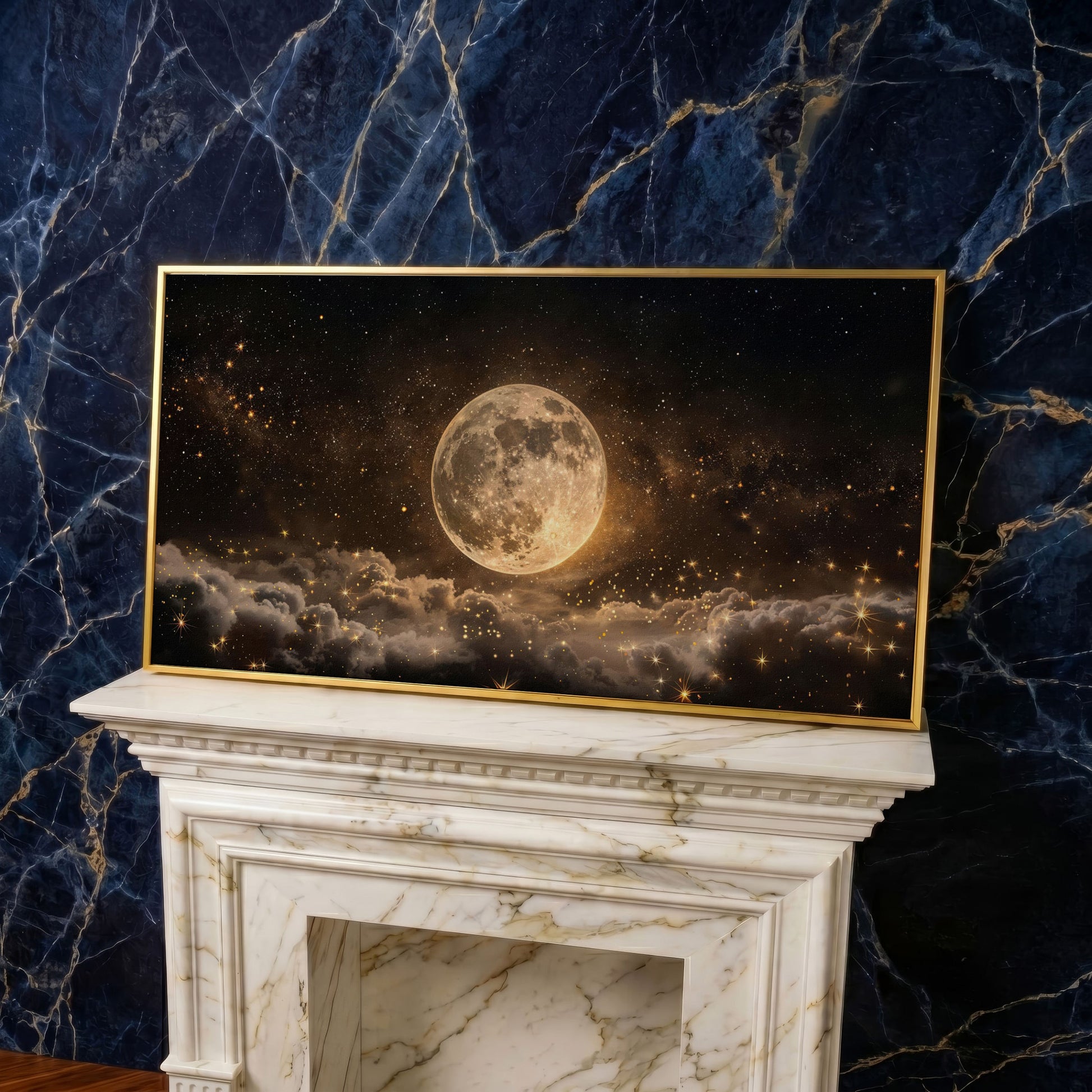 Full Moon in Starry Night Sky Canvas in yellow gold floating frame