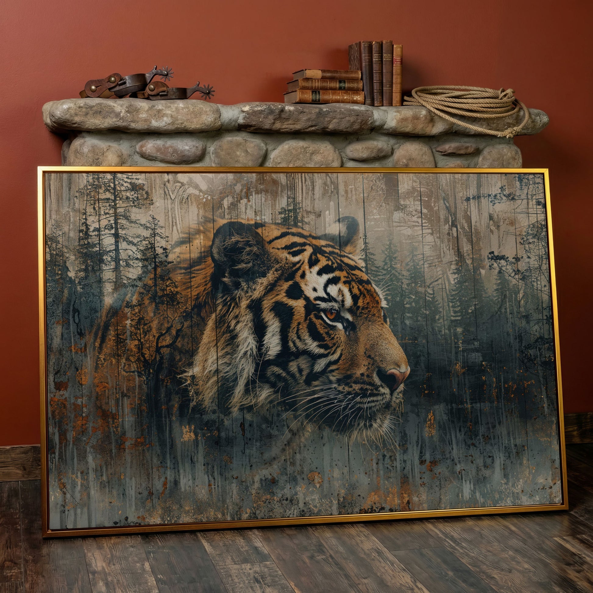 Tiger Double Exposure Canvas Art with Misty Forest Blend in antique gold floating frame
