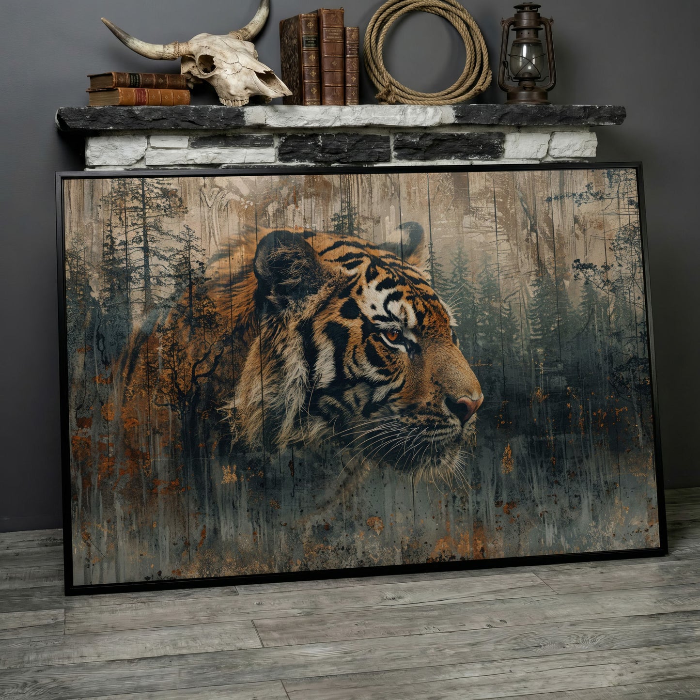 Tiger Double Exposure Canvas Art with Misty Forest Blend in black floating frame