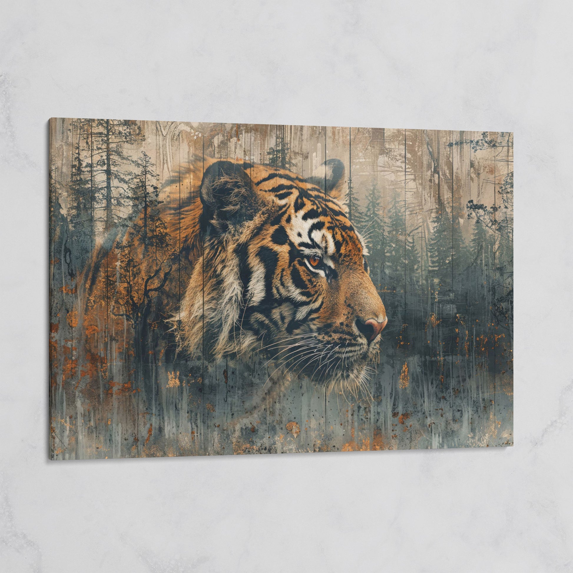 Tiger Double Exposure Canvas Art with Misty Forest Blend on gallery wrap