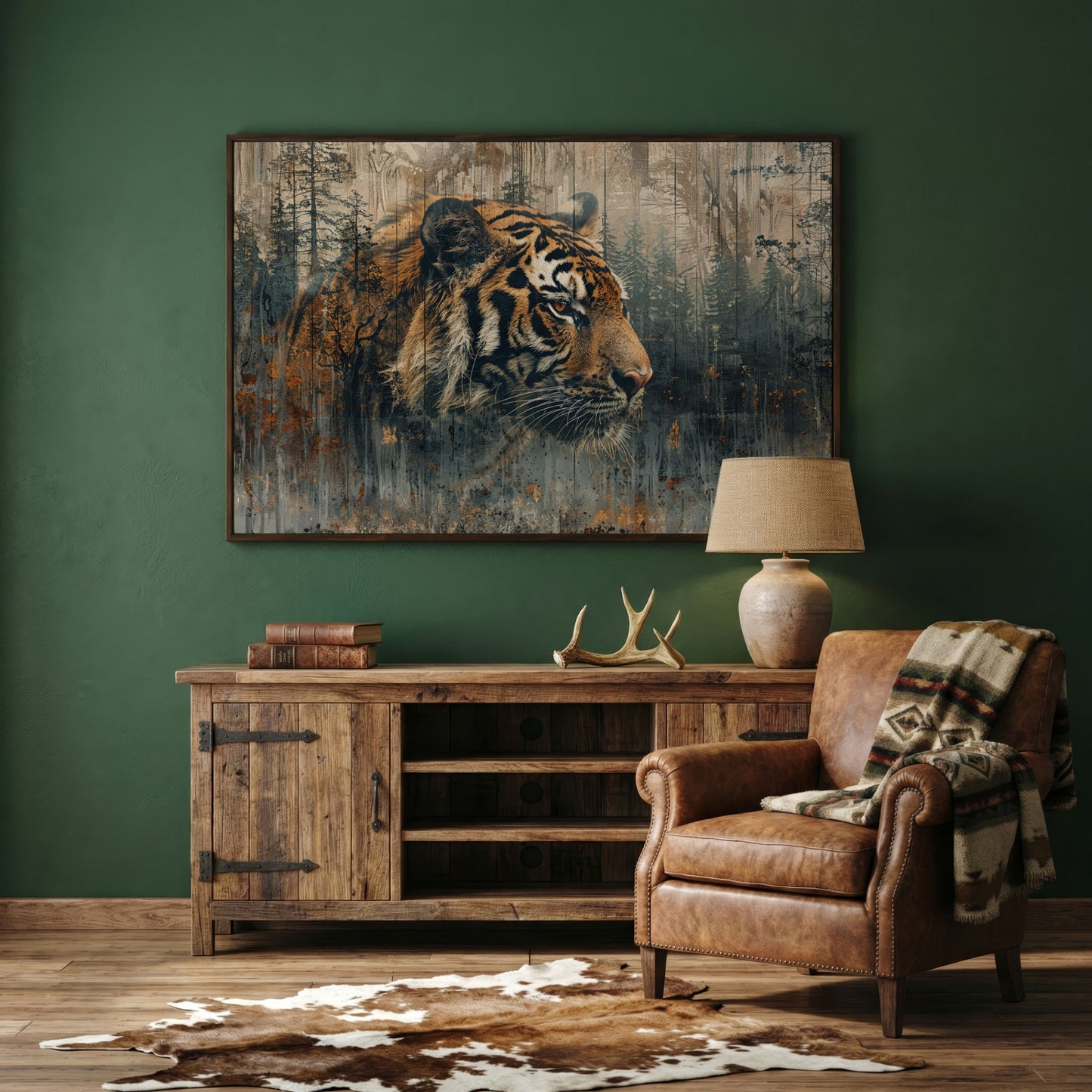 Tiger Double Exposure Canvas Art with Misty Forest Blend in dark walnut floating frame