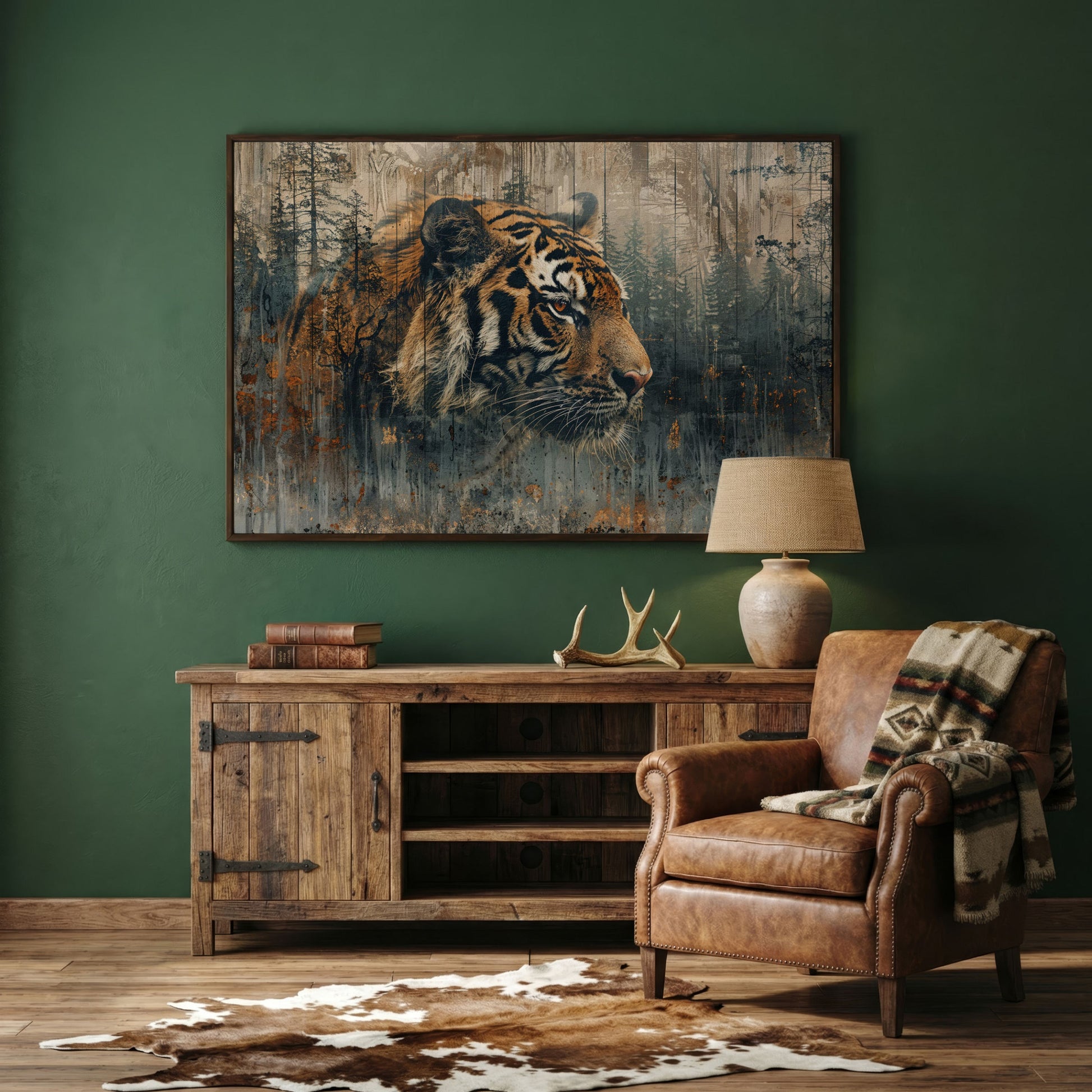 Tiger Double Exposure Canvas Art with Misty Forest Blend in dark walnut floating frame