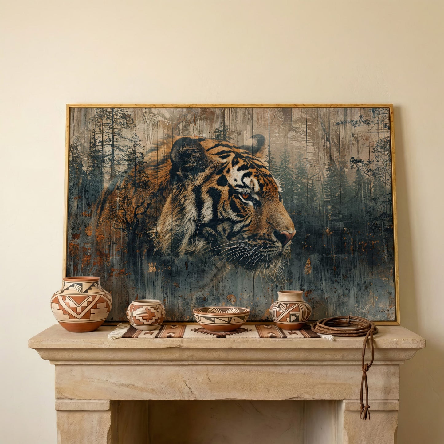 Tiger Double Exposure Canvas Art with Misty Forest Blend in white oak floating frame