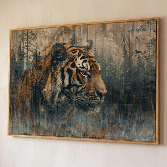 Tiger Double Exposure Canvas Art with Misty Forest Blend shown in white oak floating frame