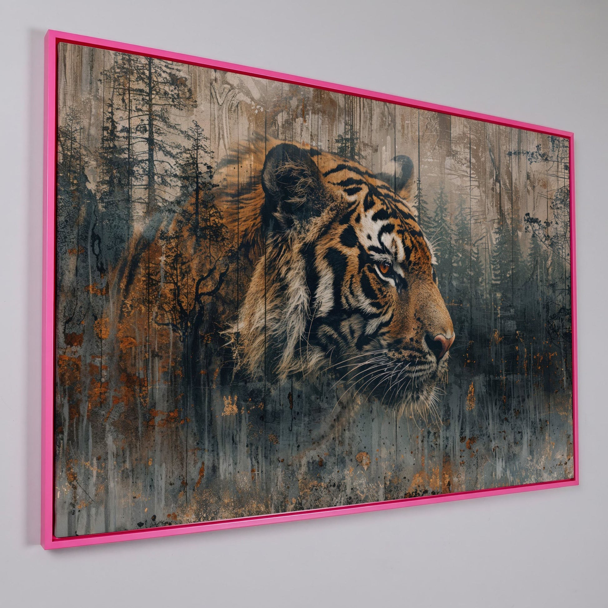 Tiger Double Exposure Canvas Art with Misty Forest Blend in pink floating frame