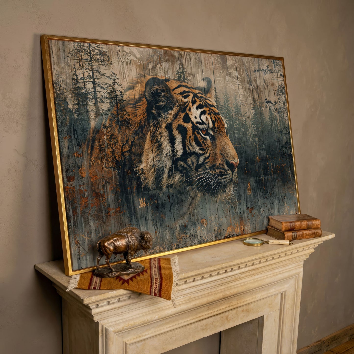 Tiger Double Exposure Canvas Art with Misty Forest Blend in rose gold floating frame