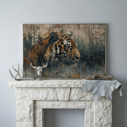 Tiger Double Exposure Canvas Art with Misty Forest Blend in silver floating frame