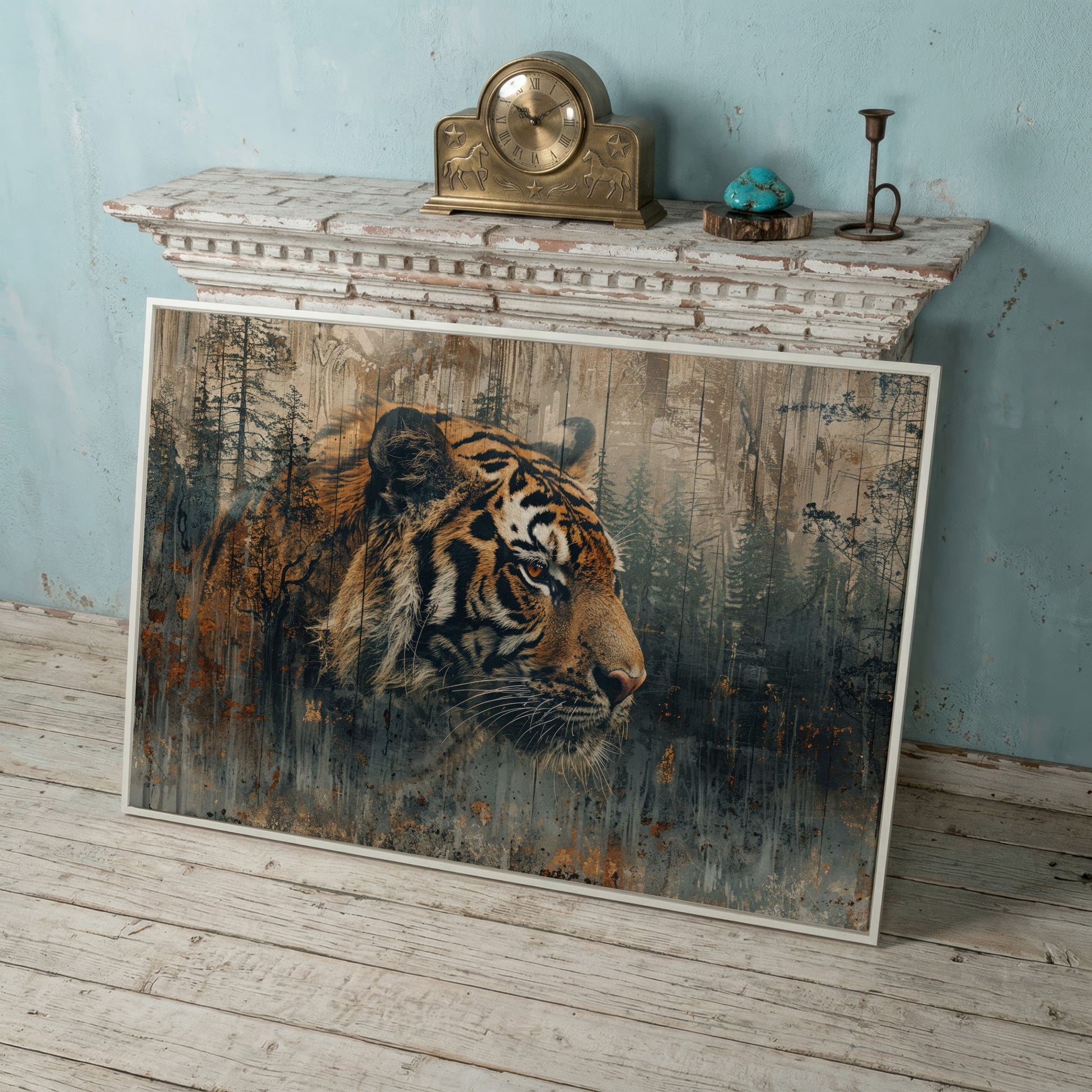 Tiger Double Exposure Canvas Art with Misty Forest Blend in white floating frame